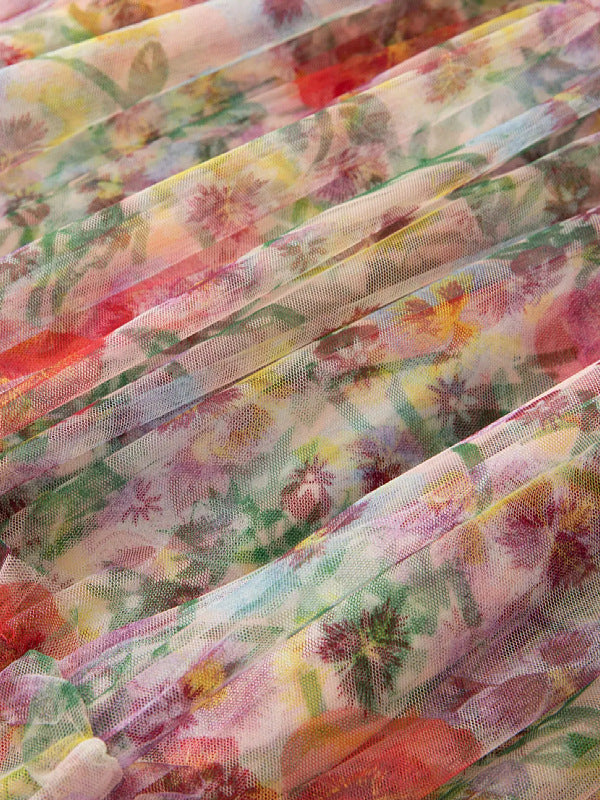Embroidered French Floral Mesh Maxi Dress with Lantern Sleeves