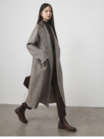 Extra Long Plaid Wool Coat with Silk-Blend Collar
