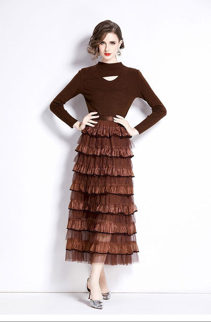 Layered Knit & Tulle Maxi Dress – Faux Two-Piece Design