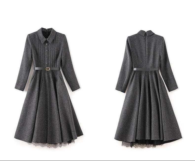 Wool-Blend Herringbone A-Line French Dress