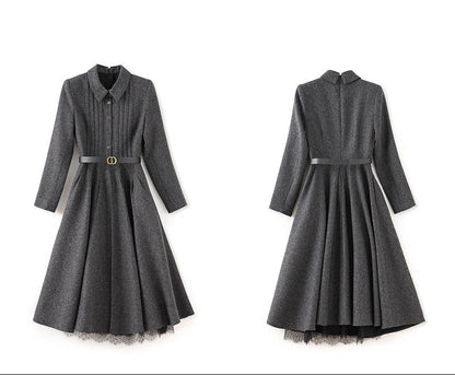 Wool-Blend Herringbone A-Line French Dress