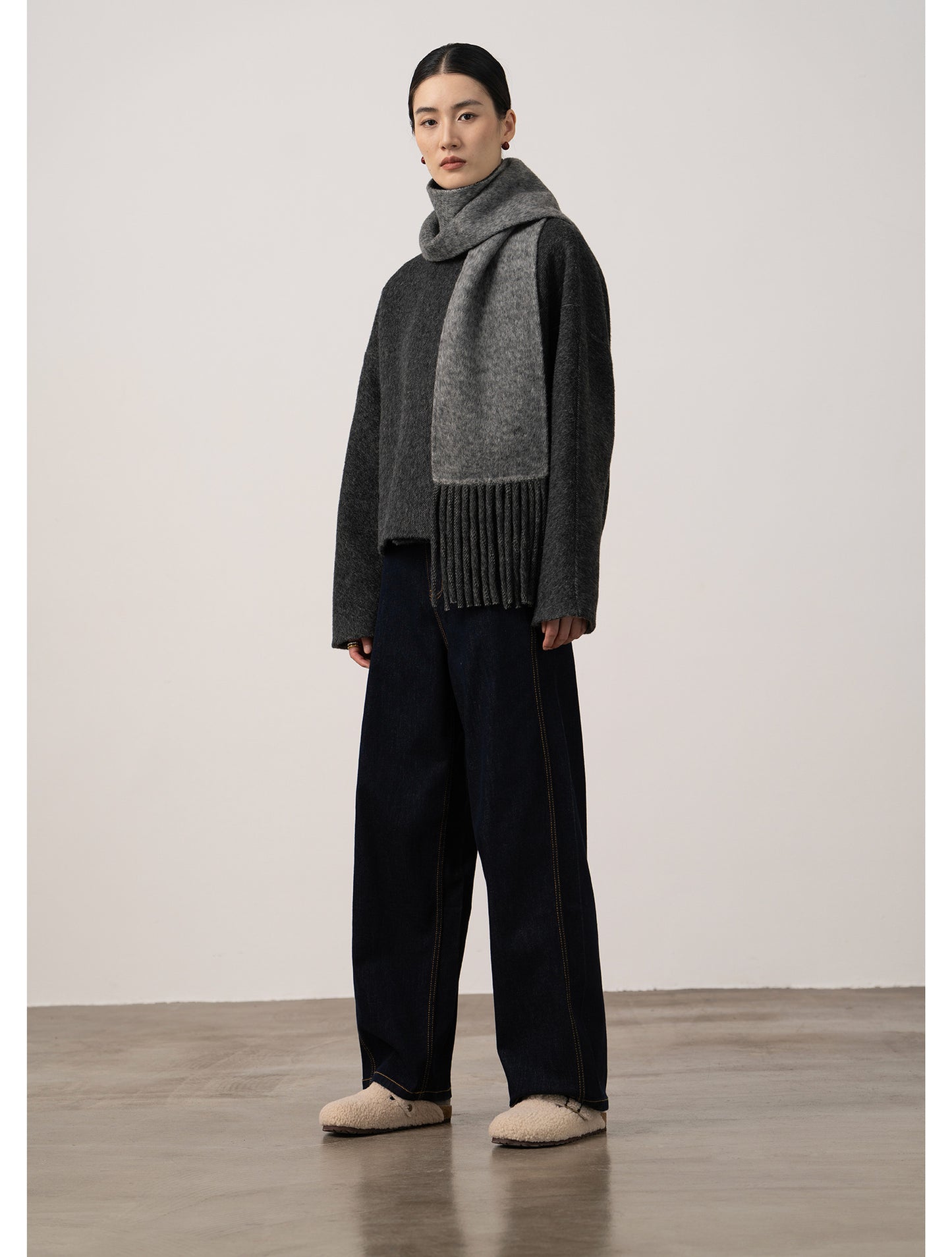 Alpaca Wool Short Double-Sided Coat with Scarf Detail