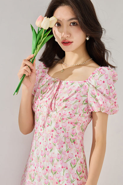 Fitted Waist Polka Dot Puff Sleeve Summer Dress