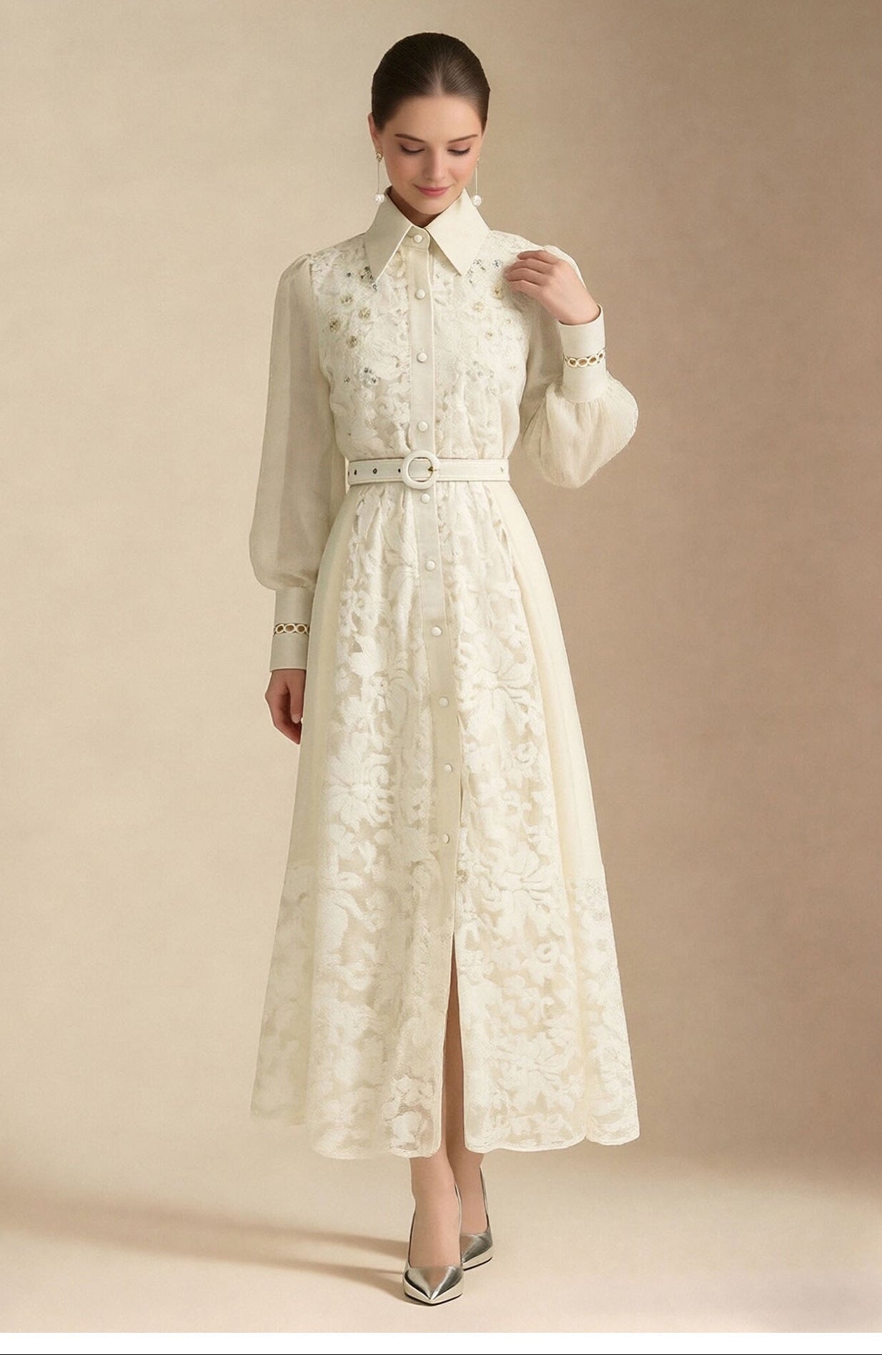 Lace Collar Lantern Sleeve Midi Dress