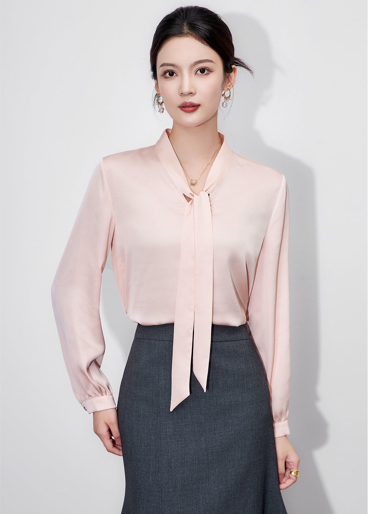 Powder Elegance Satin Bow-Tie Blouse – French-Inspired Sophistication