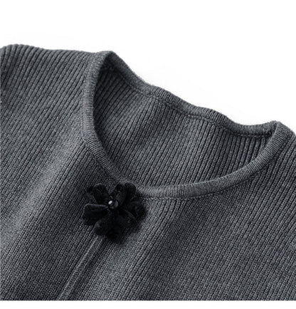 3D Floral Knit Top + Velvet Skirt Set – Elegant French Winter Ensemble