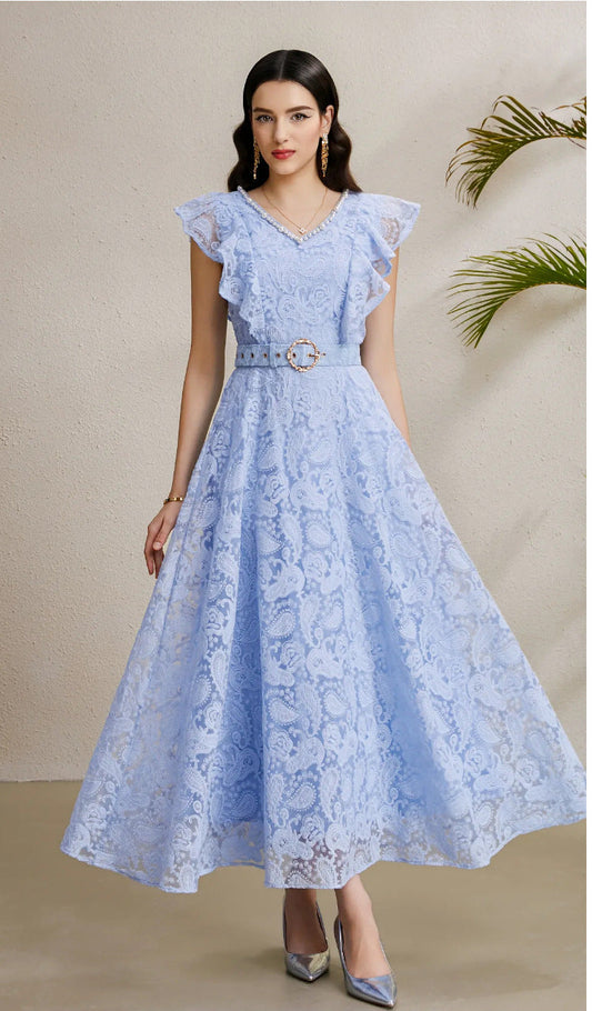Ruffled Sleeve Beaded Belted Tulle Maxi Dress