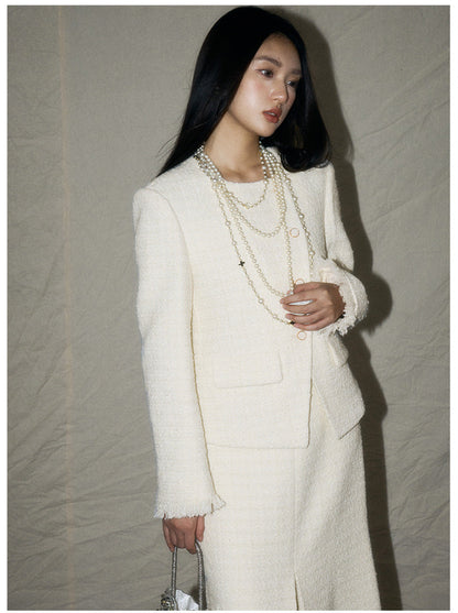 White Wool-Blend French Jacket & Midi Skirt Set