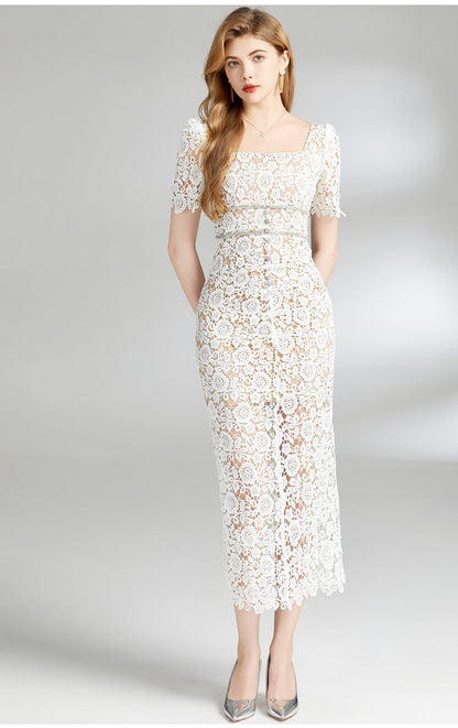 Square Neck Floral Lace Midi Dress
