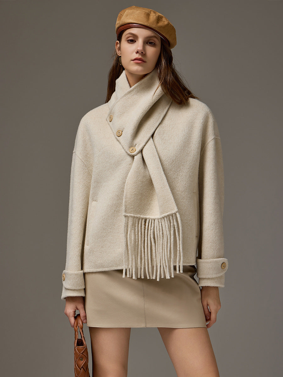 Silk-Blend Camel Wool Short Coat with Detachable Collar