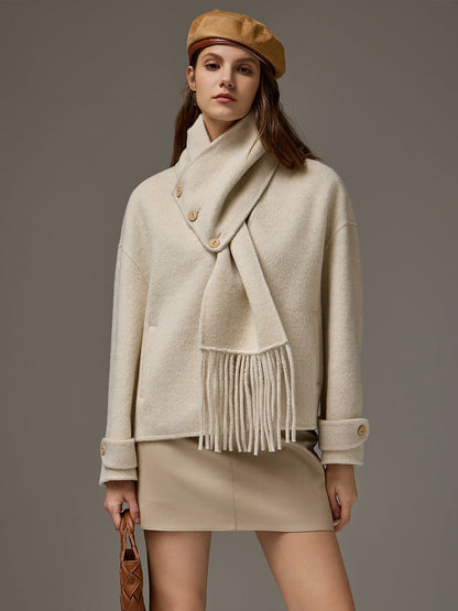 Silk-Blend Camel Wool Short Coat with Detachable Collar