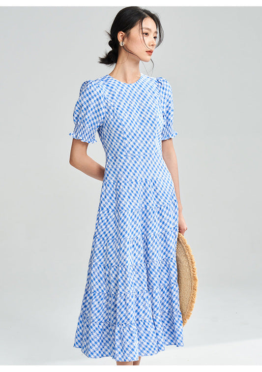 Blue-White Plaid Midi Dress