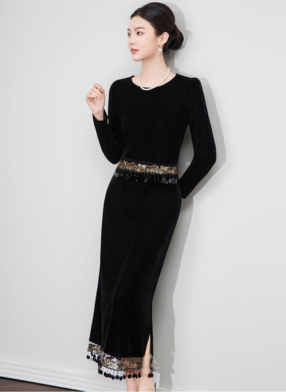 Velvet Fringe Detail Two-Piece Skirt & Top Set