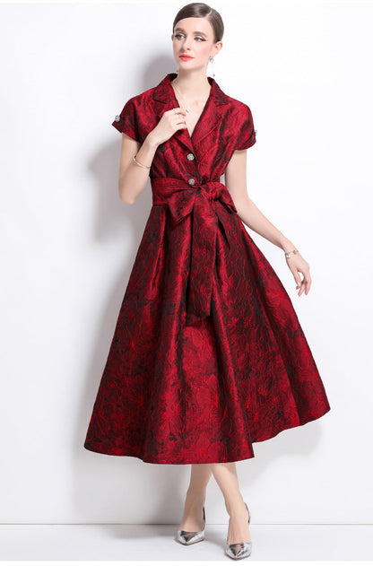 Jacquard A-Line Evening Gown with Full Flowing Skirt