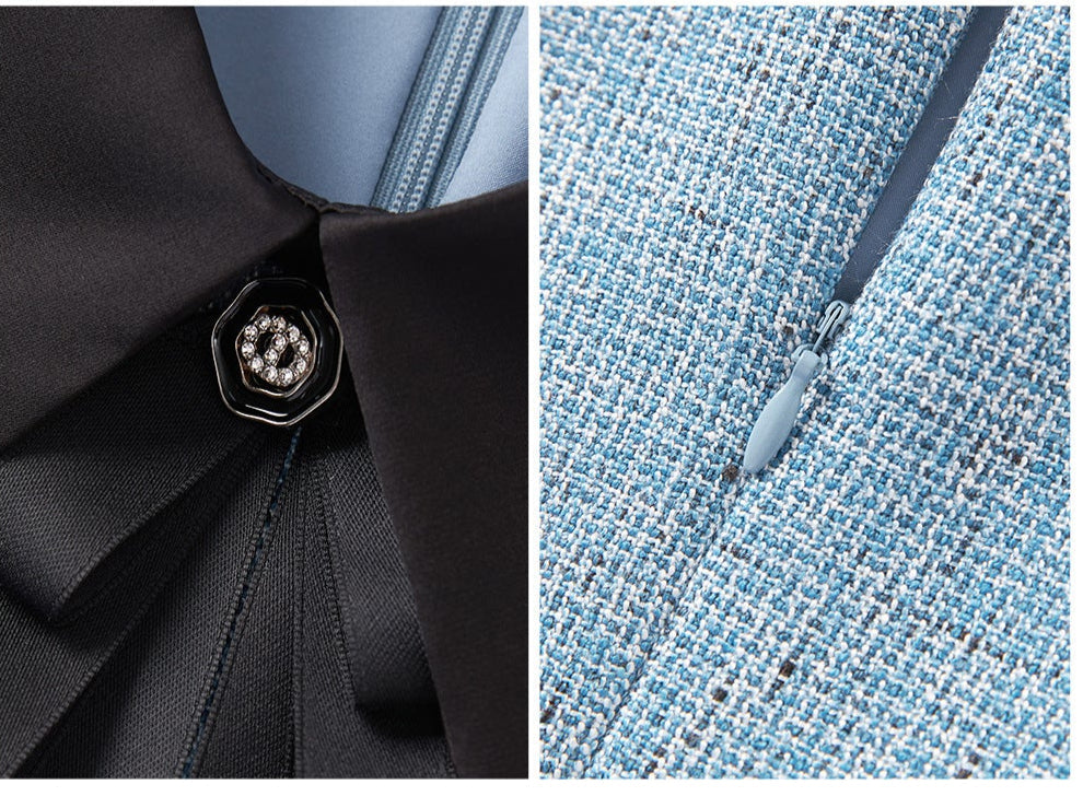 French-Texture Mini Dress with Scarf Collar