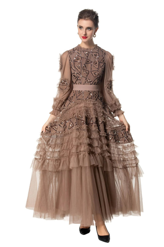 Sequin Embellished Princess-Cut Maxi Evening Dress