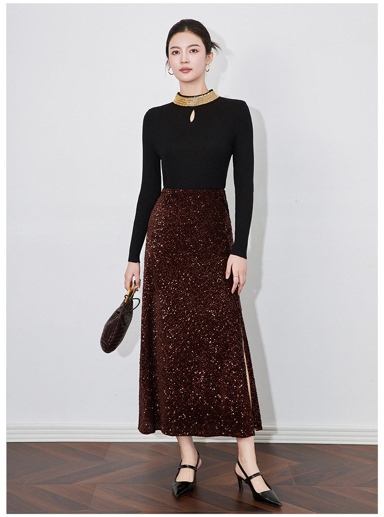 Velvet-Shine Sequin A-Line Midi Skirt