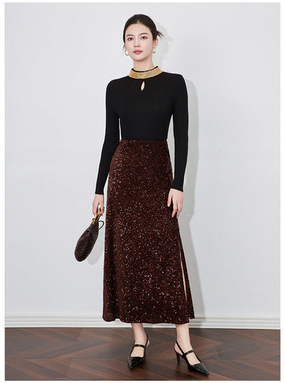 Velvet-Shine Sequin A-Line Midi Skirt