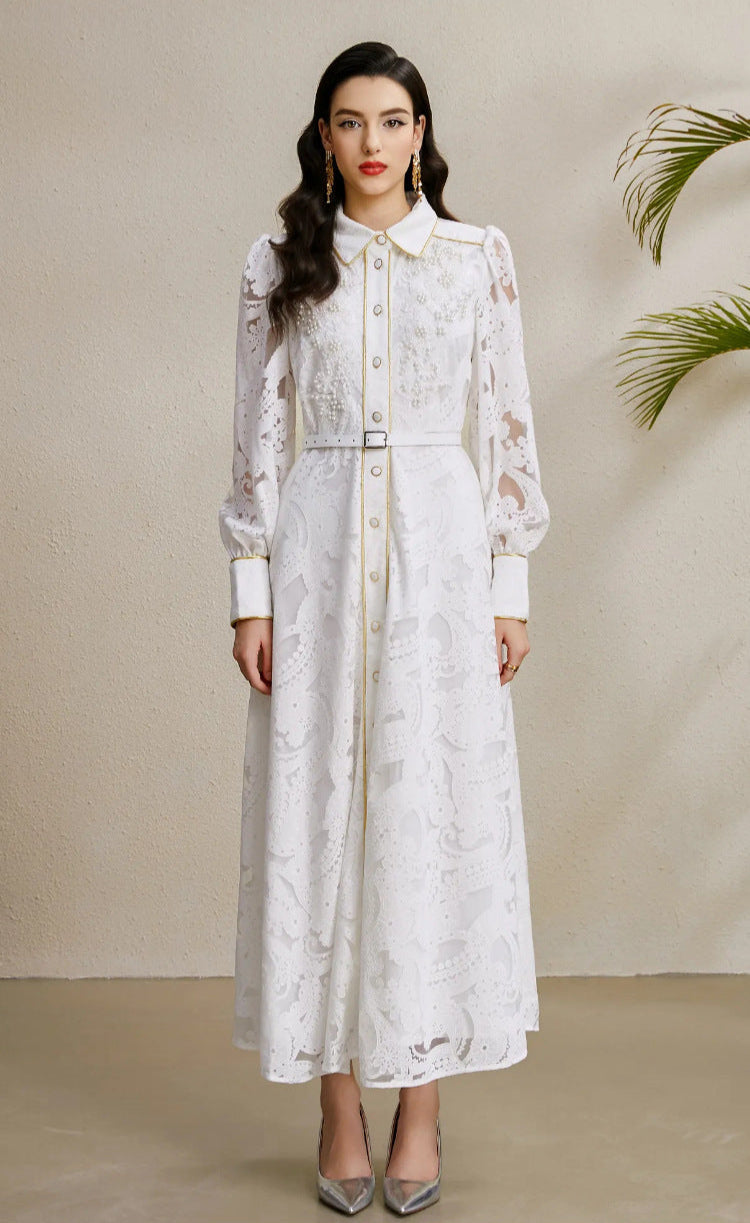 Beaded Lace Maxi Dress with Gold Trim – Elegant Retro Gown