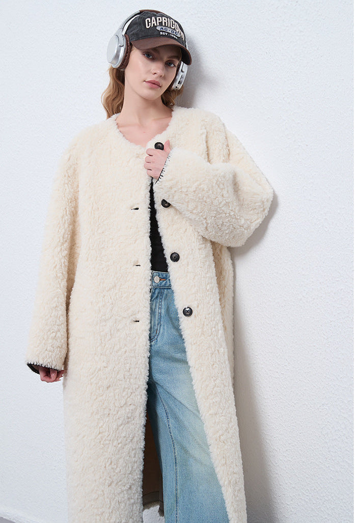 Faux Shearling Long Coat with Detachable Scarf – Off-White Elegance