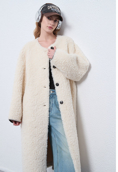 Faux Shearling Long Coat with Detachable Scarf – Off-White Elegance