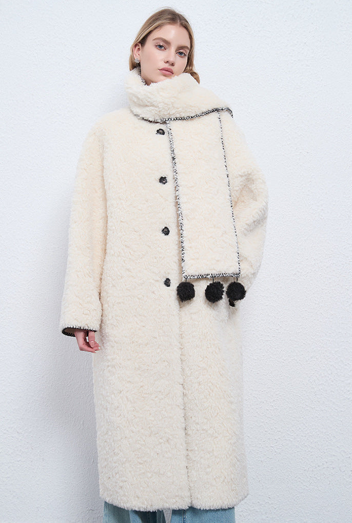 Faux Shearling Long Coat with Detachable Scarf – Off-White Elegance