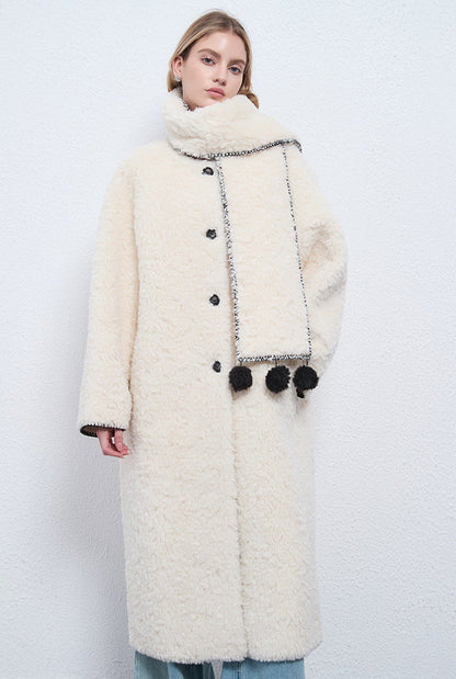 Faux Shearling Long Coat with Detachable Scarf – Off-White Elegance