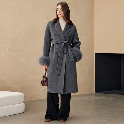 Alpaca Wool Long Coat with Fur Collar & Wide Sleeves