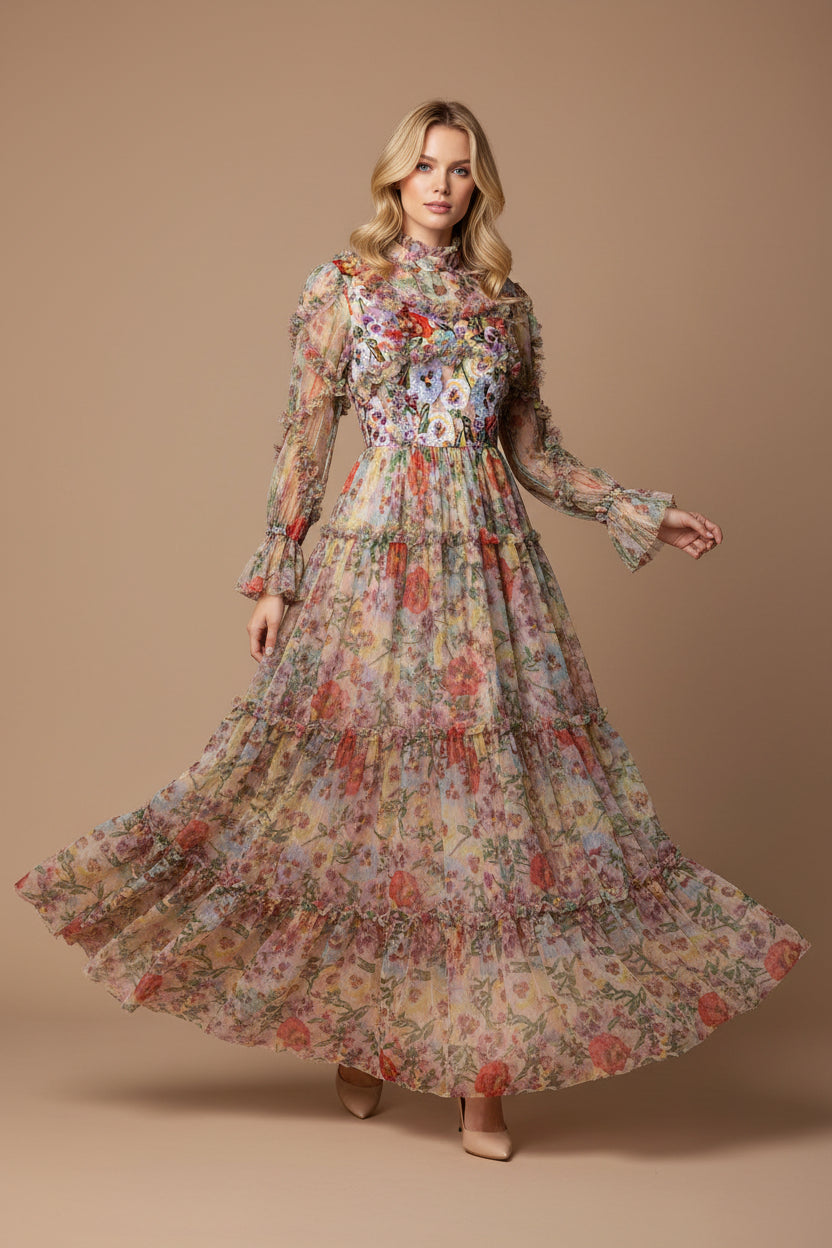 Embroidered French Floral Mesh Maxi Dress with Lantern Sleeves
