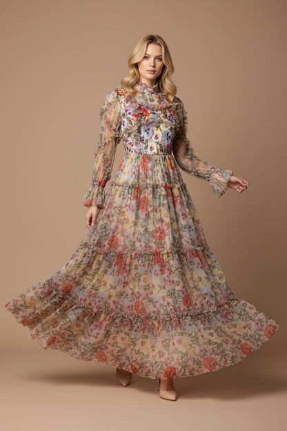 Embroidered French Floral Mesh Maxi Dress with Lantern Sleeves