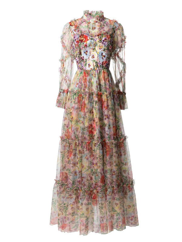 Embroidered French Floral Mesh Maxi Dress with Lantern Sleeves