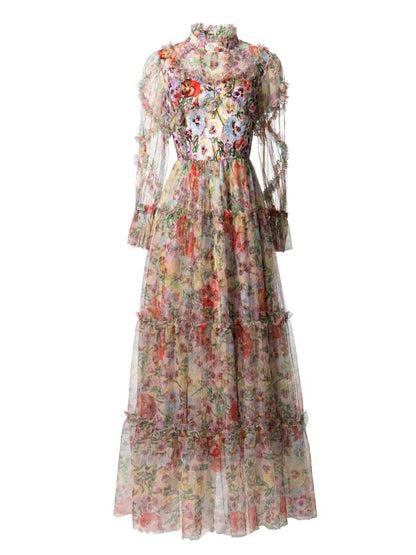 Embroidered French Floral Mesh Maxi Dress with Lantern Sleeves