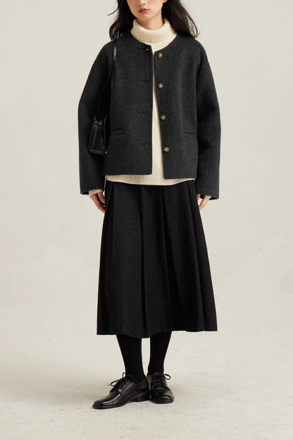 High-Quality Wool Short Coat – Elegant Round Neck Jacket
