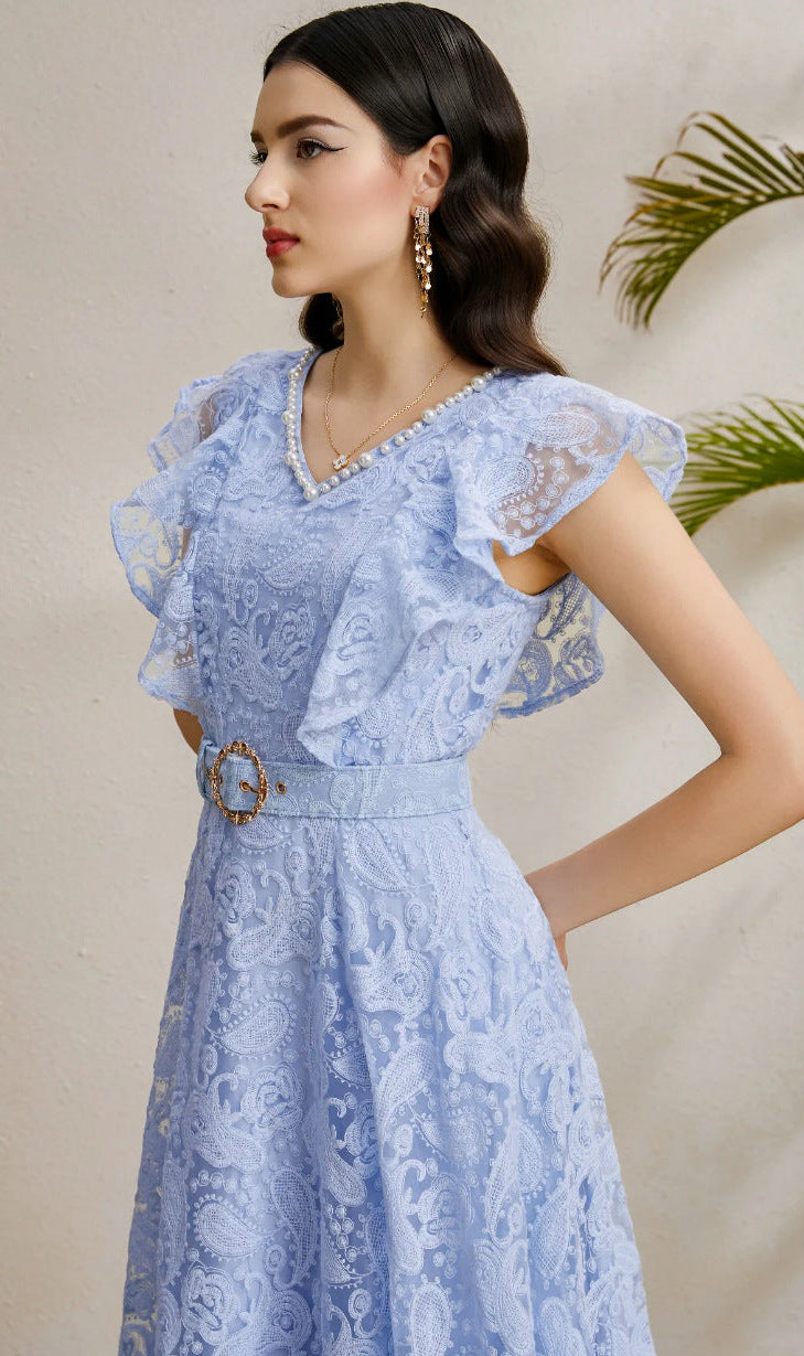 Ruffled Sleeve Beaded Belted Tulle Maxi Dress