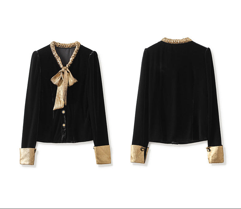Velvet Contrast French Bow-Tie Slimming Blouse