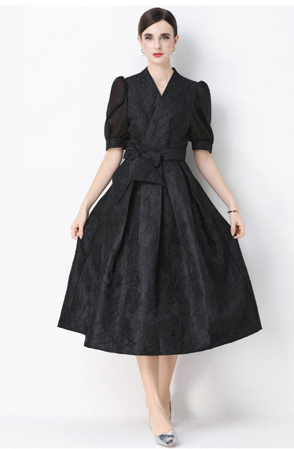 Jacquard Puff Sleeve V-Neck Maxi Dress