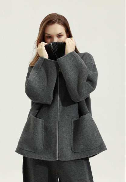 Yün Fermuarlı Stand Yaka Kısa Kaban