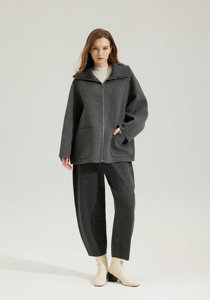 Yün Fermuarlı Stand Yaka Kısa Kaban