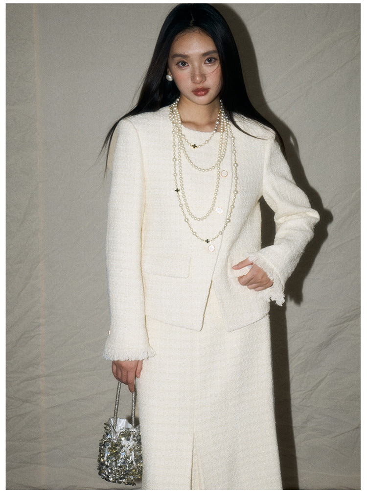 White Wool-Blend French Jacket & Midi Skirt Set