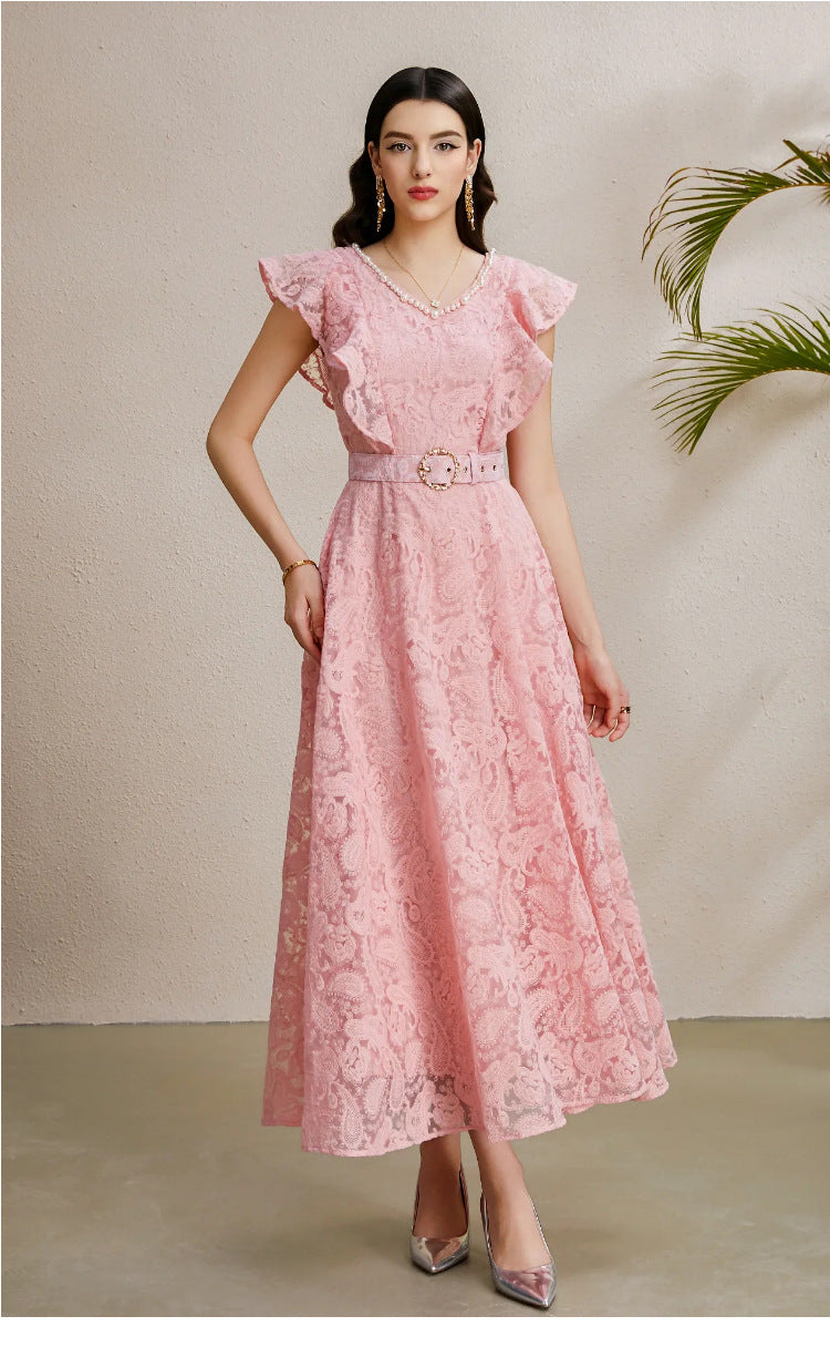 Ruffled Sleeve Beaded Belted Tulle Maxi Dress