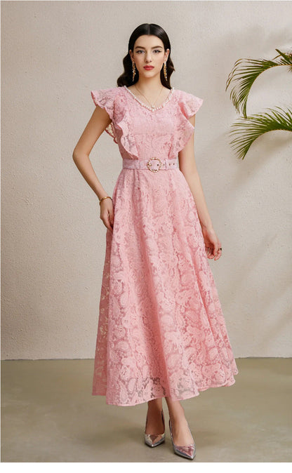 Ruffled Sleeve Beaded Belted Tulle Maxi Dress