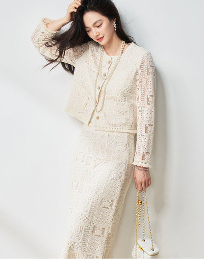 Luxury Beige Two-Piece Set with Fringe & Hollow Floral Details