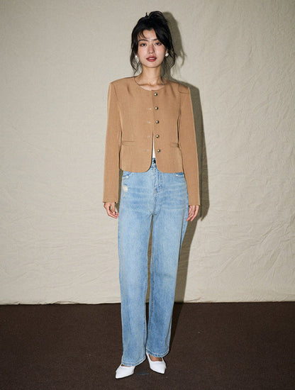 Classic Round Neck Short Wool Blend Jacket