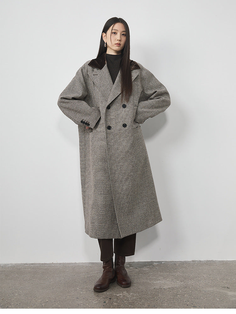 Extra Long Plaid Wool Coat with Silk-Blend Collar