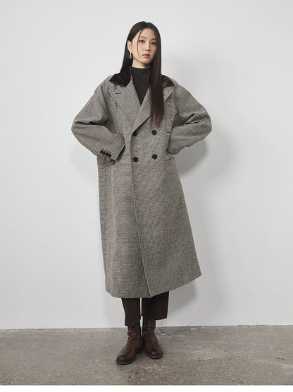 Extra Long Plaid Wool Coat with Silk-Blend Collar