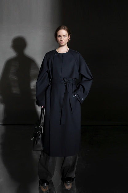 Minimalist Round Neck Wool Blend Trench Coat – Relaxed Fit
