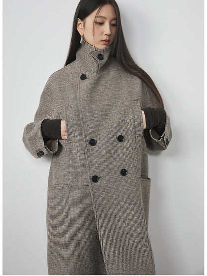 Extra Long Plaid Wool Coat with Silk-Blend Collar