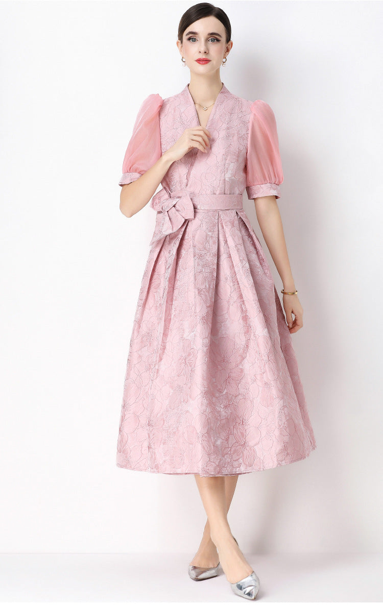 Jacquard Puff Sleeve V-Neck Maxi Dress