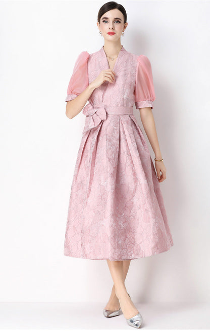 Jacquard Puff Sleeve V-Neck Maxi Dress