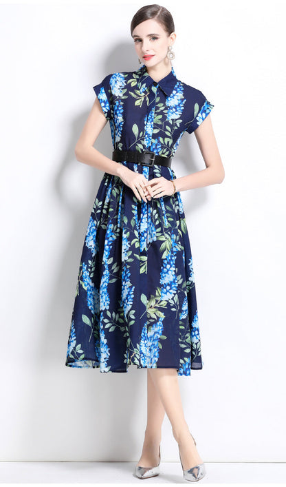 Printed Polo Collar Elegant Midi Dress